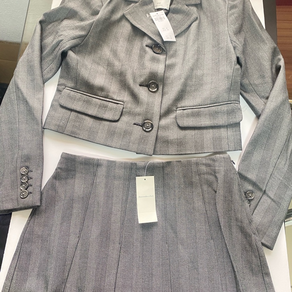 Abercrombie & Fitch Gray Pinstripe Cropped Blazer and Pleated Skirt Set - Picture 10 of 13